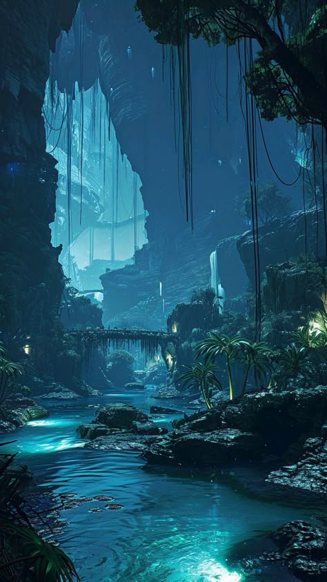 This may contain: a river flowing through a lush green forest filled with lots of plants and rocks at night