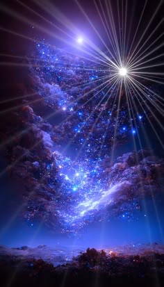 This may contain: the night sky is filled with stars and bright lights, as if they were falling down