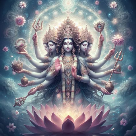 This may contain: there is a woman with many arms in the air surrounded by other women and flowers