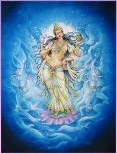 This may contain: an image of the hindu goddess in blue and white with her hands on her chest