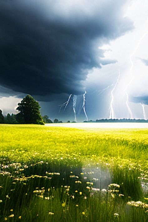This may contain: a large field with grass and flowers in the foreground, lightning is coming behind it